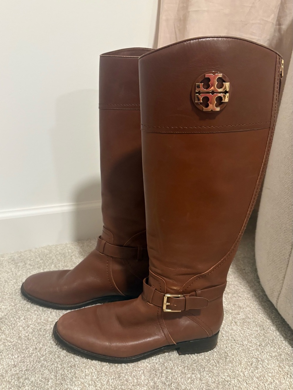 Tory Burch Chestnut Brown Leather Riding Boots with Gold Logo